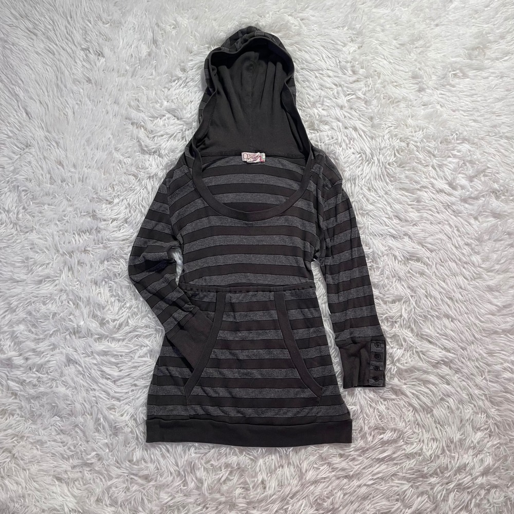 y2k gray striped baby doll hooded sweater top large
